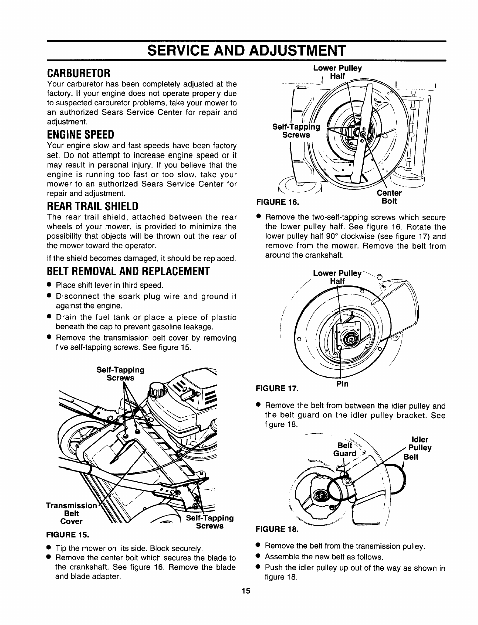Service and adjustment, Carburetor, Engine speed | Rear trail shield, Belt removal and replacement, Transmission | Sears 247.37638 User Manual | Page 13 / 42