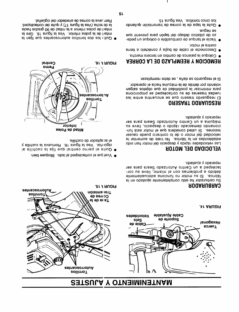 Mantenimiento y ajustes, Figura 14, Carburador | Velocidad del motor, Resguardd traserd, Remdcion y reemplazo de la correa, Figurms | Sears 247.37638 User Manual | Page 28 / 42