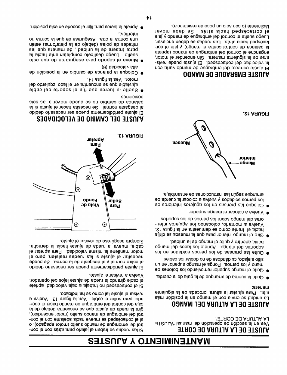 Mantenimiento y ajustes, Ajuste de la altura de corte, Ajuste de la altura del mango | Ajuste embrague de mando, Figurais, Ajuste del cambid de velocidades | Sears 247.37638 User Manual | Page 29 / 42