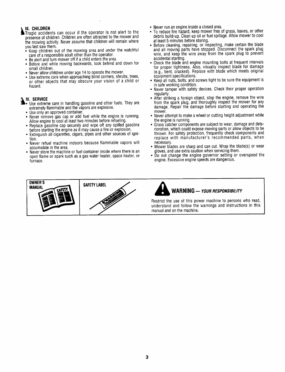 Iii. children, Iv. service, Owner’s | Manual | Sears 247.37638 User Manual | Page 3 / 42