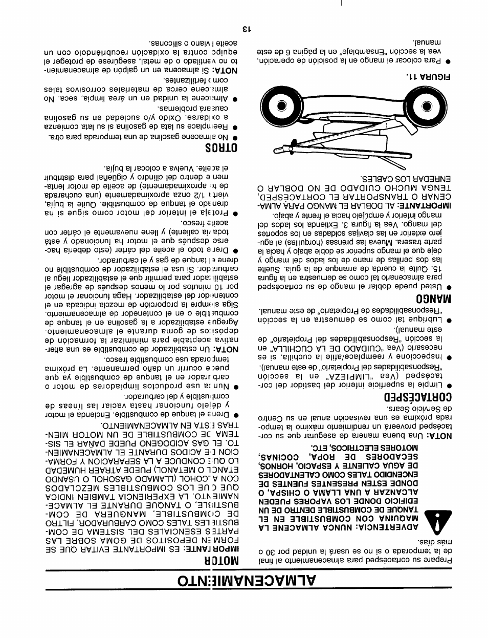 Almacenamieinto, Cortacésped, Mango | Motor, Figura 11, Otros | Sears 247.37638 User Manual | Page 30 / 42