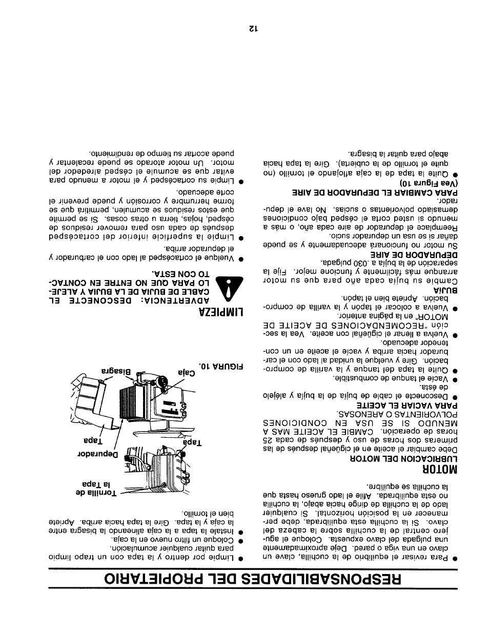 Responsabilidades del propietario, Motor, Lubricacion del motor | Para vaciar el aceite, Bujía, Depurador de aire, Para cambiar el depurador de aire (vea figura 10), Limpieza | Sears 247.37638 User Manual | Page 31 / 42