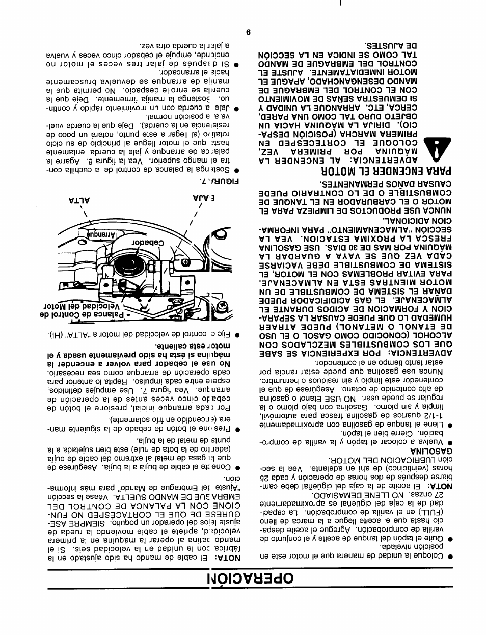 Operaciom, Gasolina, Para encender el motor | Figur>,7 | Sears 247.37638 User Manual | Page 34 / 42