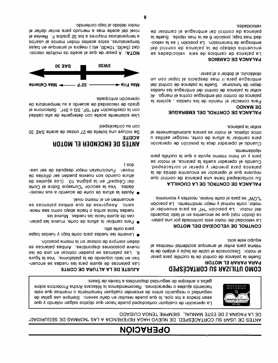 Operacion, Como utilizar su cortacesped, Para parar el motor | Control de velocidad del motor, Palanca de control de la cuchilla, Palanca de control del embrague de mando, Palanca de cambios, Ajuste de la altura de corte, Antes de encender el motor, Aceite | Sears 247.37638 User Manual | Page 35 / 42