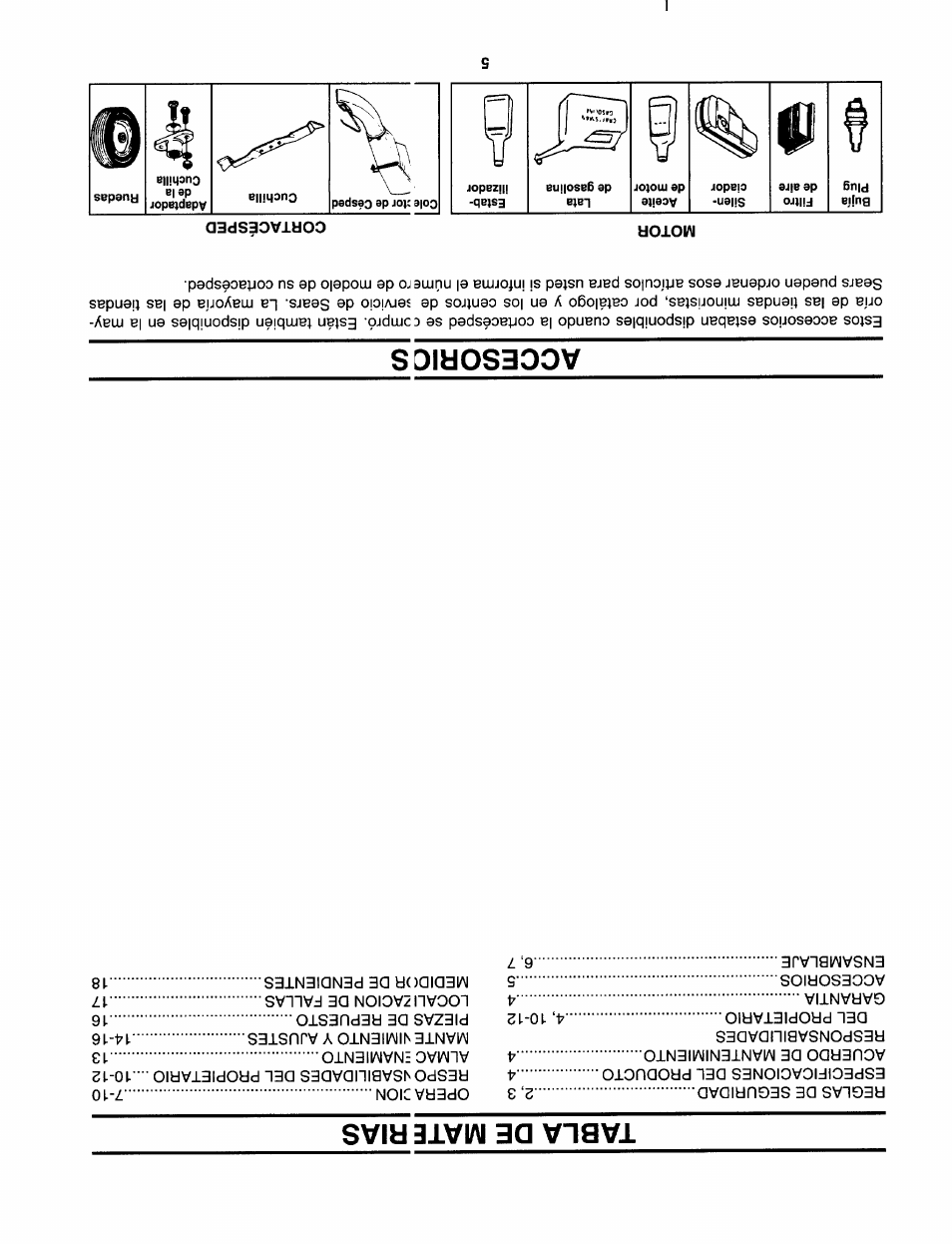 Tabla de mate rias, Accesorigs, Cortacesped | Sears 247.37638 User Manual | Page 38 / 42