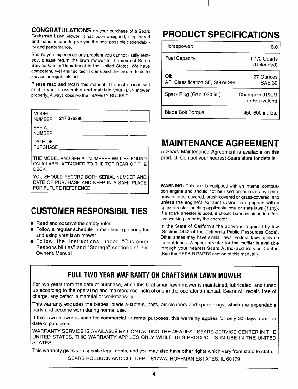 Product specifications, Customer responsibilities, Maintenance agreement | Full two year waf ranty on craftsman lawn mower | Sears 247.37638 User Manual | Page 4 / 42