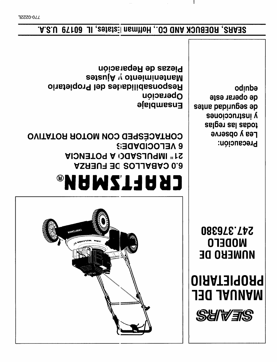 Manual del propietario, Numero de modelo 247.376380, Crflftsmrn | Numero de modelo | Sears 247.37638 User Manual | Page 42 / 42