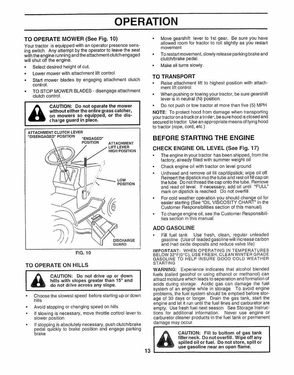 Before starting the engine, Operation | Sears 917.252541 User Manual | Page 13 / 56