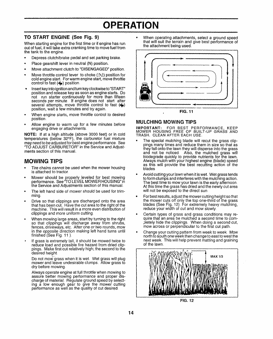 To start engine (see fig. 9), Mowing tips, Mulching mowing tips | Operation | Sears 917.252541 User Manual | Page 14 / 56