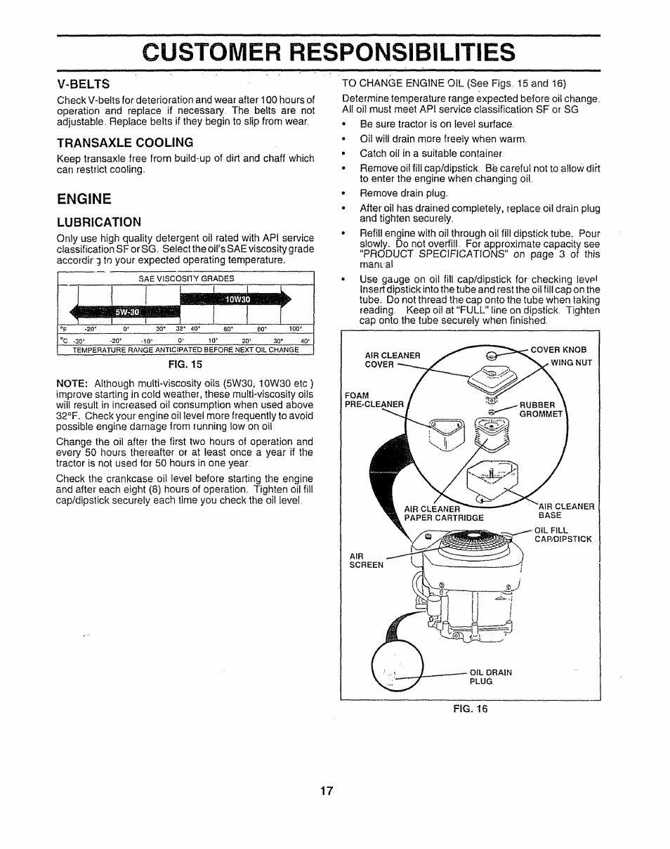 V^belts, Transaxle cooling, Engine | Lubrication, Customer responsibilities | Sears 917.252541 User Manual | Page 17 / 56