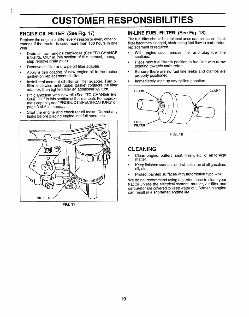 In-line fuel filter (see fig. 18), Cleaning, Customer responsibilities | Sears 917.252541 User Manual | Page 19 / 56