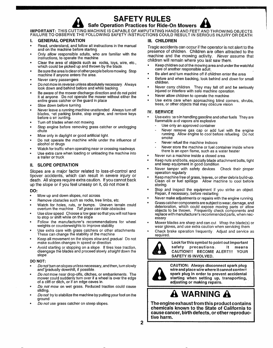 Safe operation practices for ride-on mowers, I. general operation, If. slope operation | Iii. children, Iv. service, A warning a, Safety rules | Sears 917.252541 User Manual | Page 2 / 56
