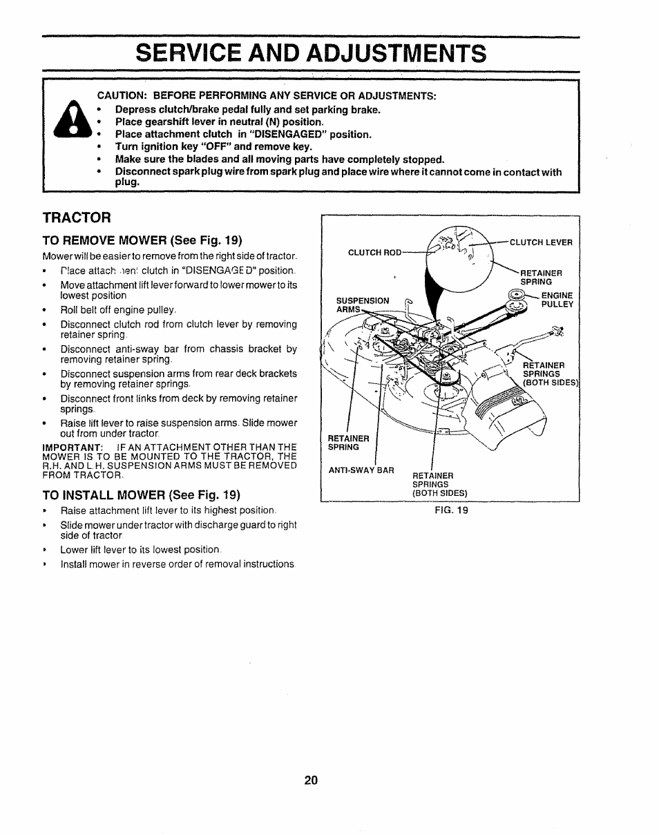 Tractor, To remove mower (see fig. 19), To install mower (see fig. 19) | Service and adjustments | Sears 917.252541 User Manual | Page 20 / 56