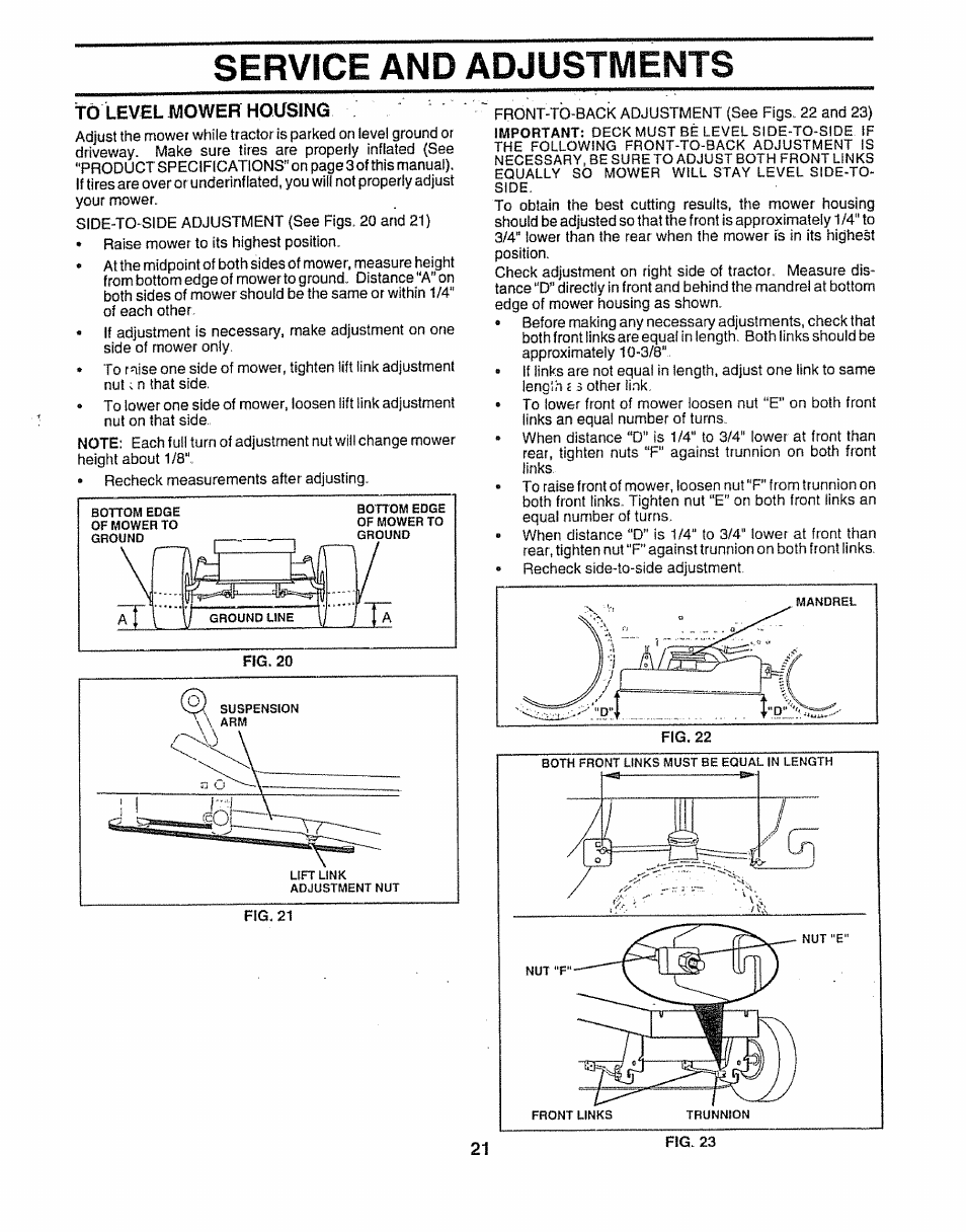 To level mower housing, Service and adjustments | Sears 917.252541 User Manual | Page 21 / 56
