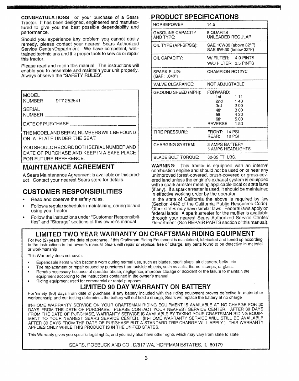 Product specifications, Maintenance agreemenf, Customer responsibilities | Limited 90 day warranty on battery | Sears 917.252541 User Manual | Page 3 / 56