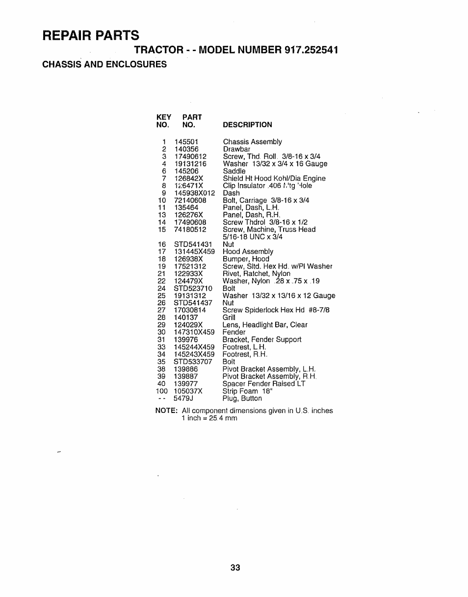 Tractor, Chassis and enclosures, Repair parts | Sears 917.252541 User Manual | Page 33 / 56