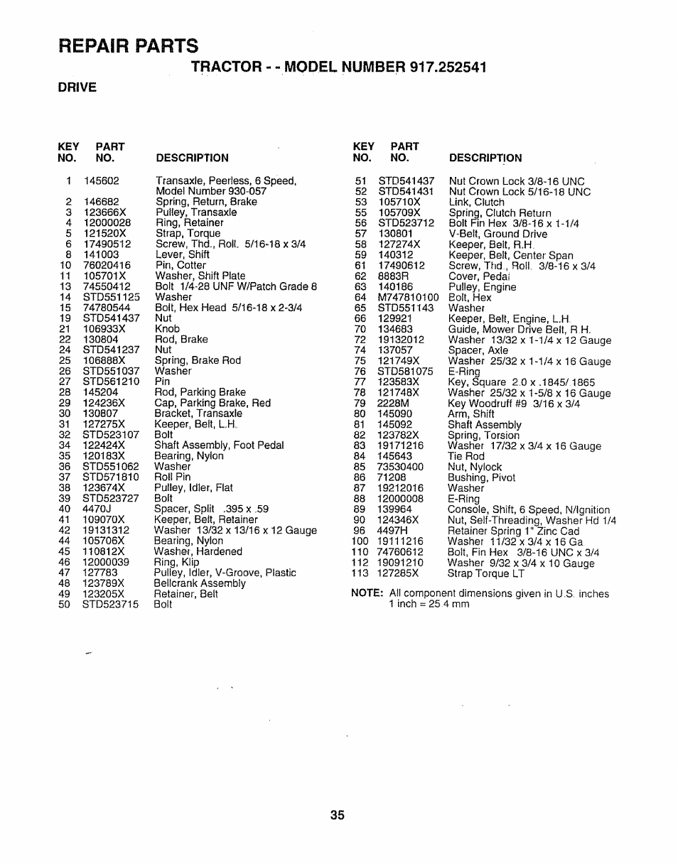 Drive, Description, Repair parts | Sears 917.252541 User Manual | Page 35 / 56