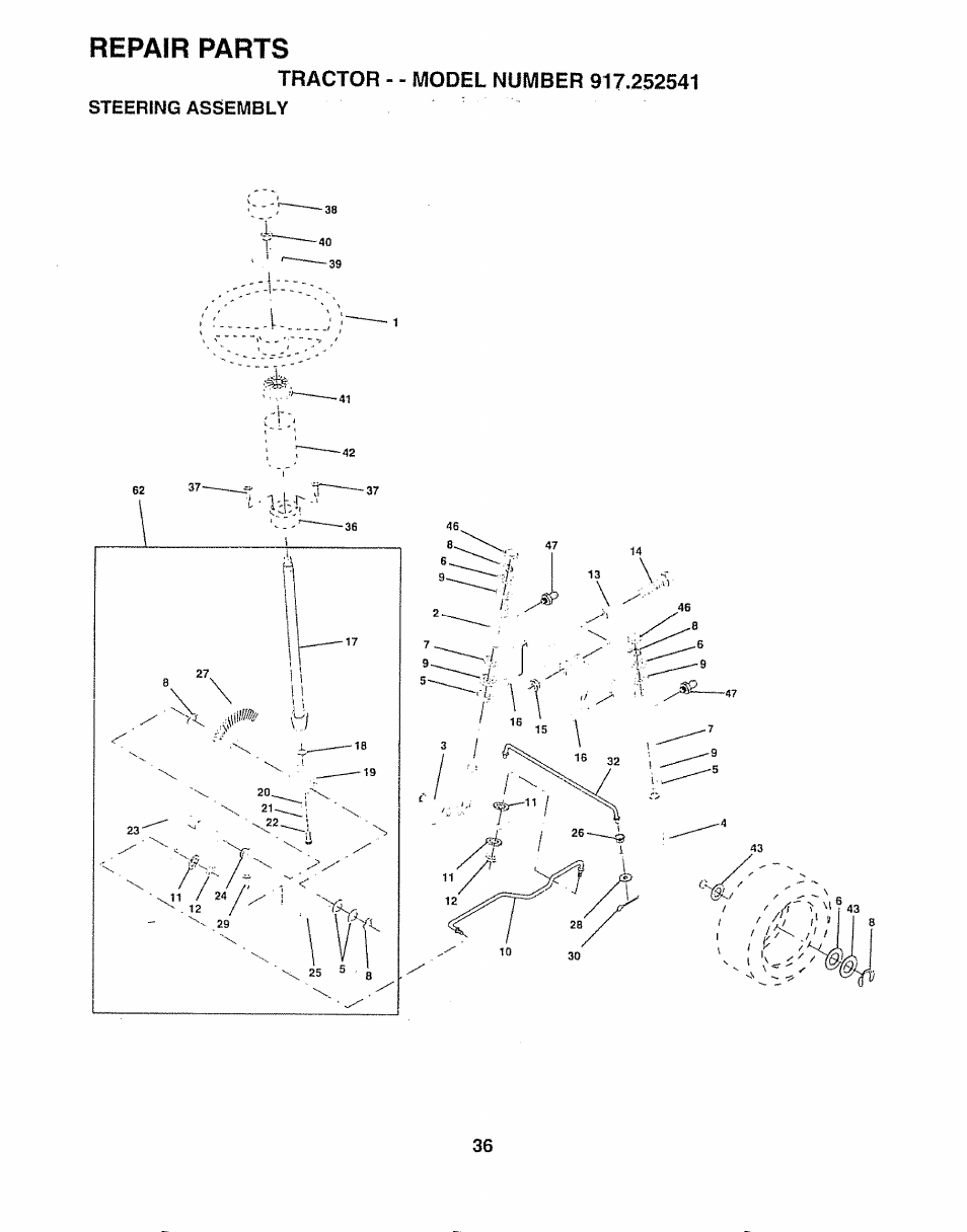 Tractor - - model number 917.252541, Repair parts | Sears 917.252541 User Manual | Page 36 / 56