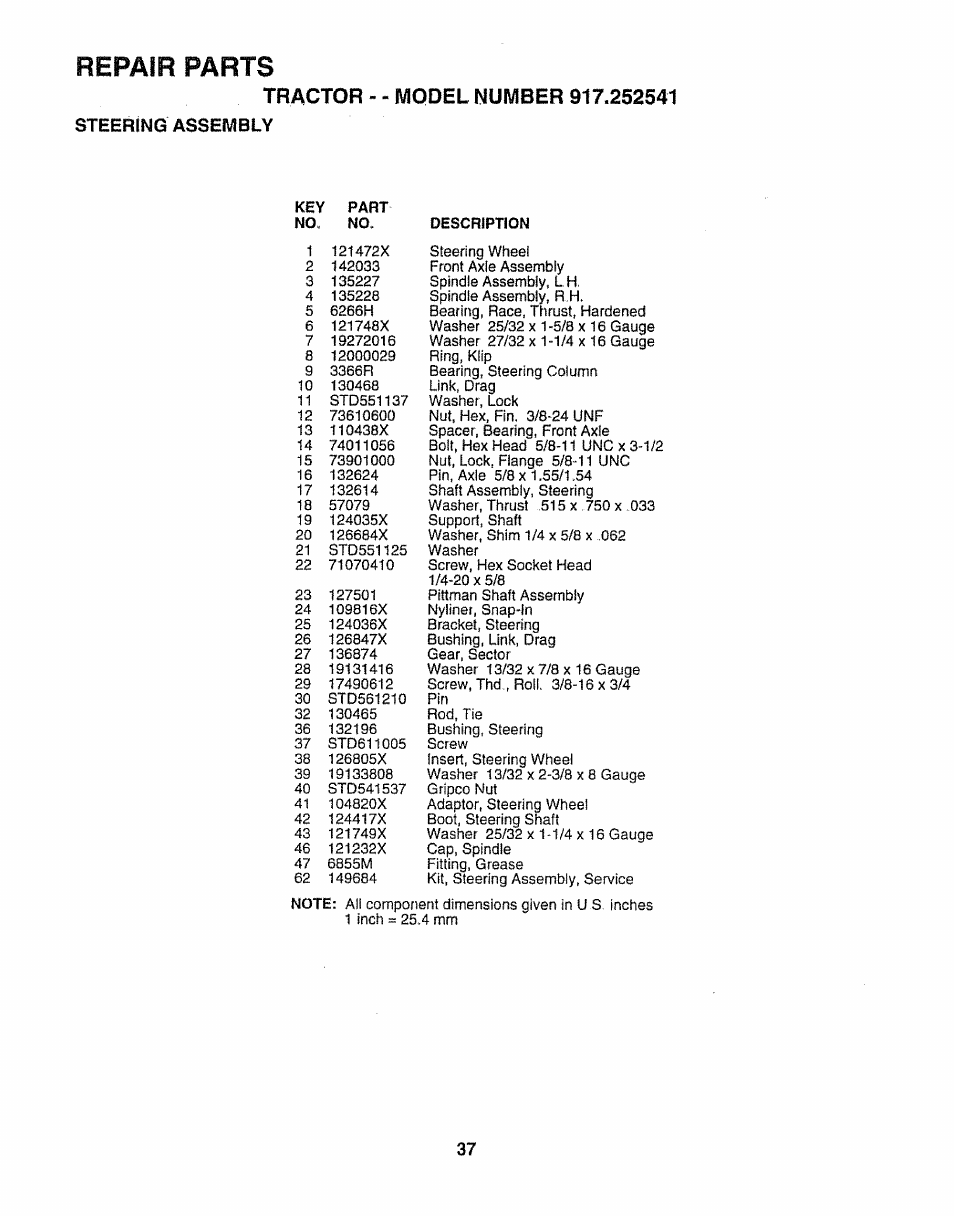 Tractor--model number 917.252541, Steering assembly, Repair parts | Sears 917.252541 User Manual | Page 37 / 56