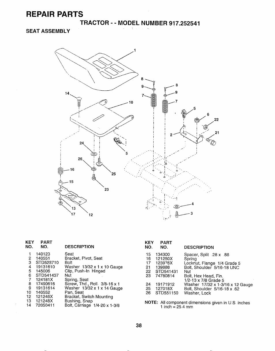 Repair parts | Sears 917.252541 User Manual | Page 38 / 56