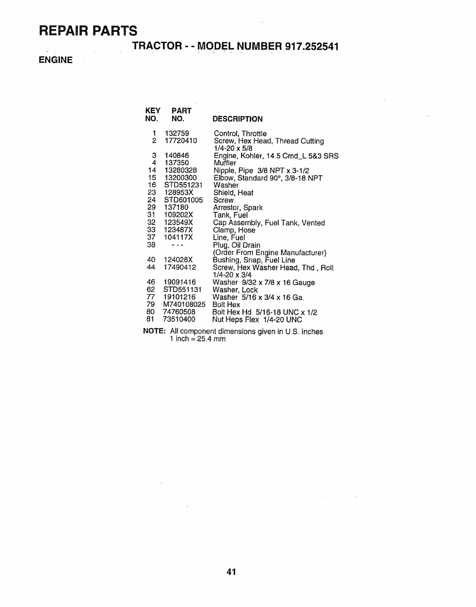 Engine, Repair parts | Sears 917.252541 User Manual | Page 41 / 56