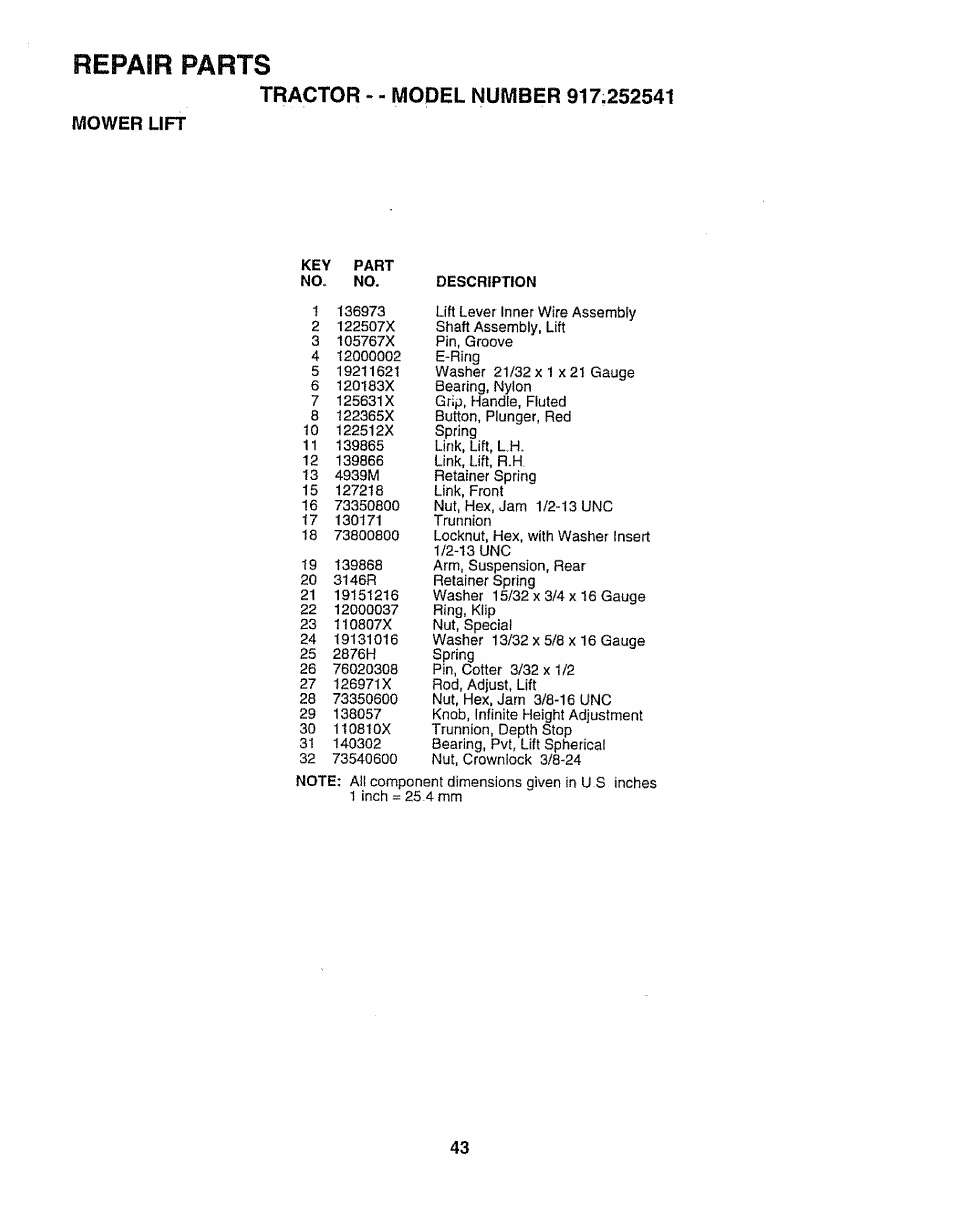 Mower lift, Description, Repair parts | Sears 917.252541 User Manual | Page 43 / 56