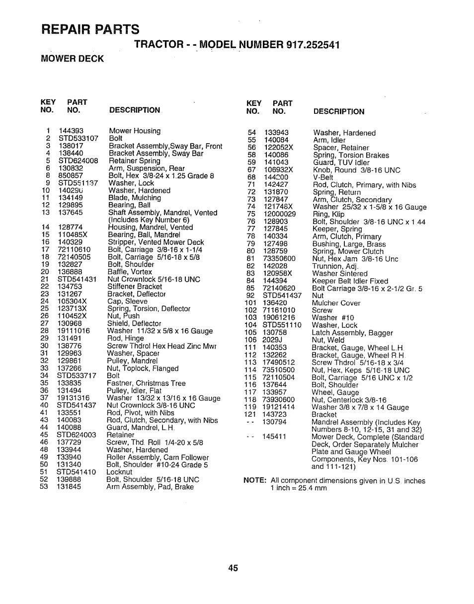 Mower deck, Repair parts | Sears 917.252541 User Manual | Page 45 / 56