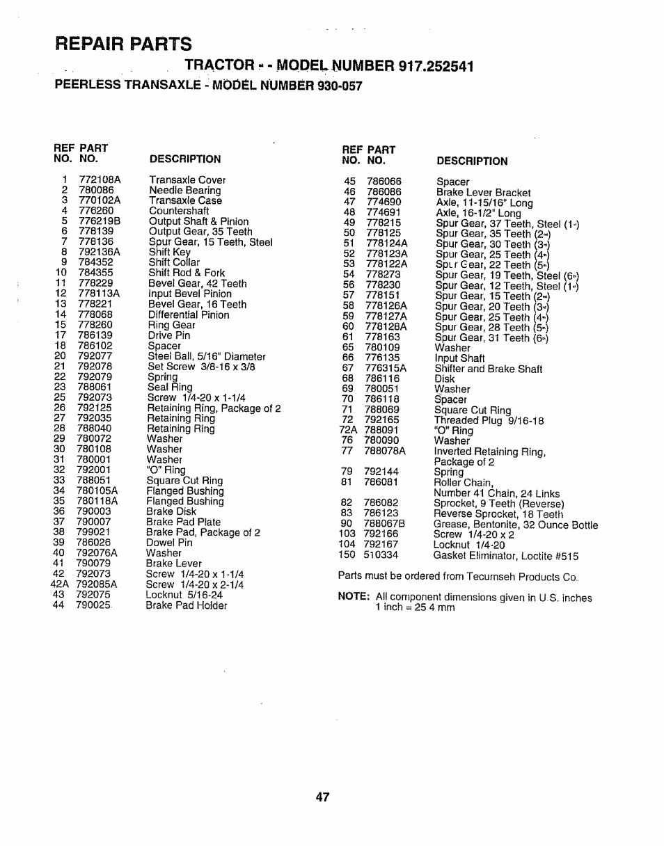 Description, Repair parts | Sears 917.252541 User Manual | Page 47 / 56