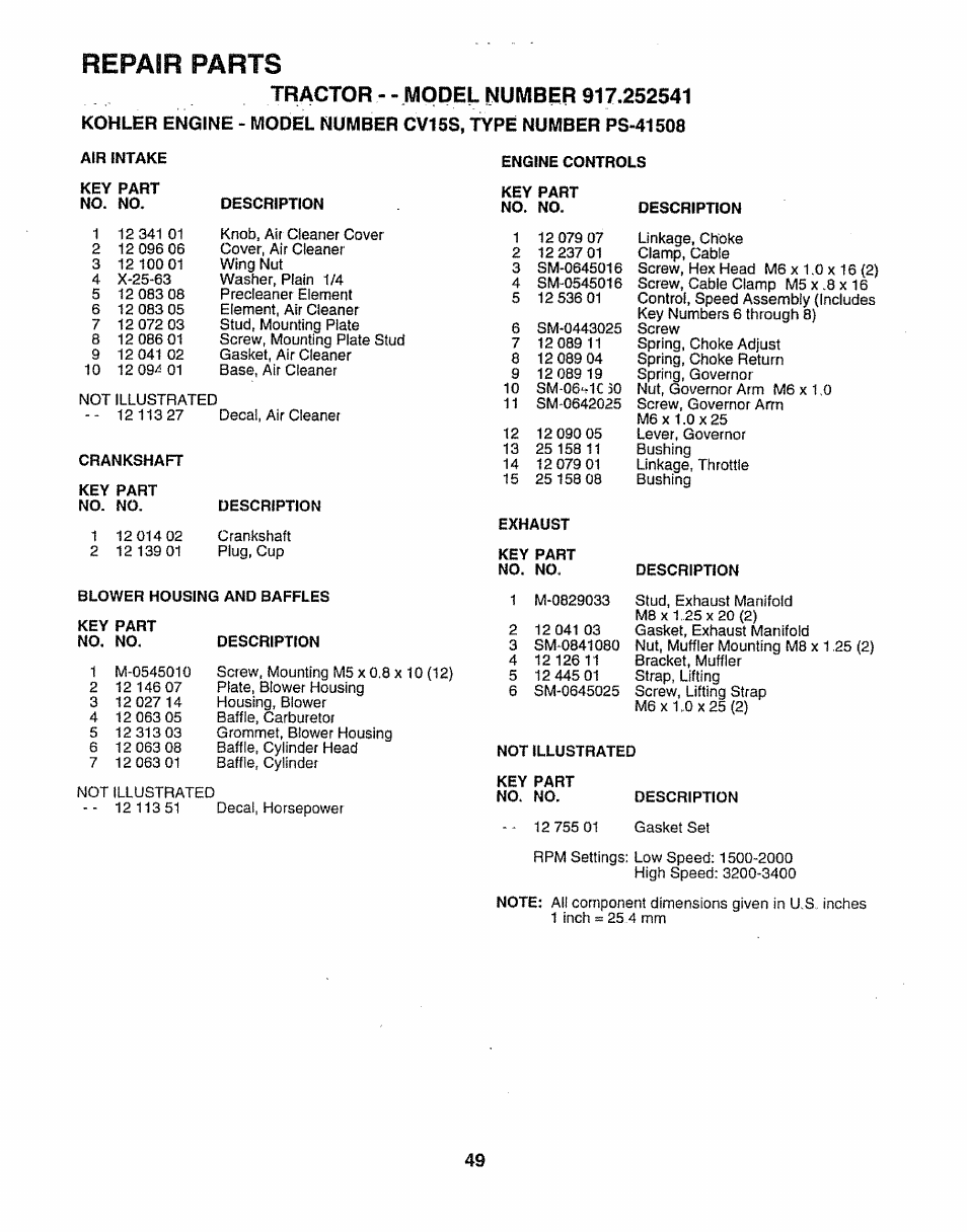 Repair parts | Sears 917.252541 User Manual | Page 49 / 56