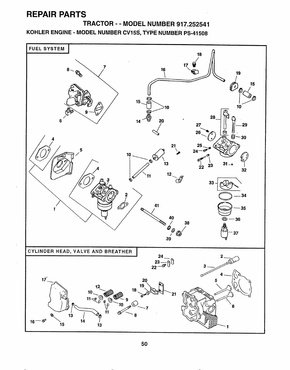 Tractor - - model number 917.252541, Repair parts | Sears 917.252541 User Manual | Page 50 / 56