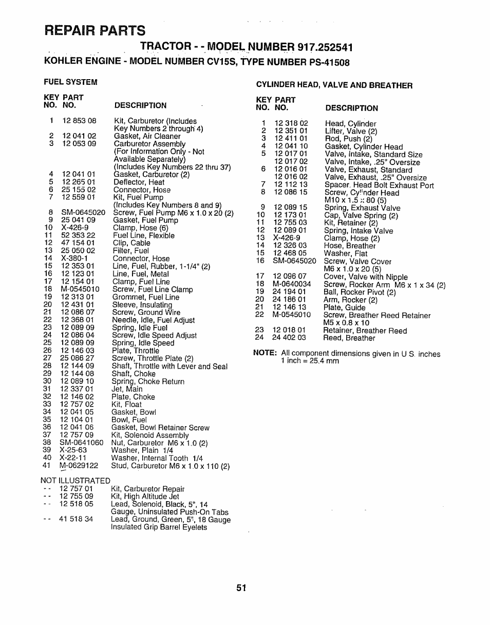 Tractor--mopel number 917.252541, Description, Repair parts | Sears 917.252541 User Manual | Page 51 / 56