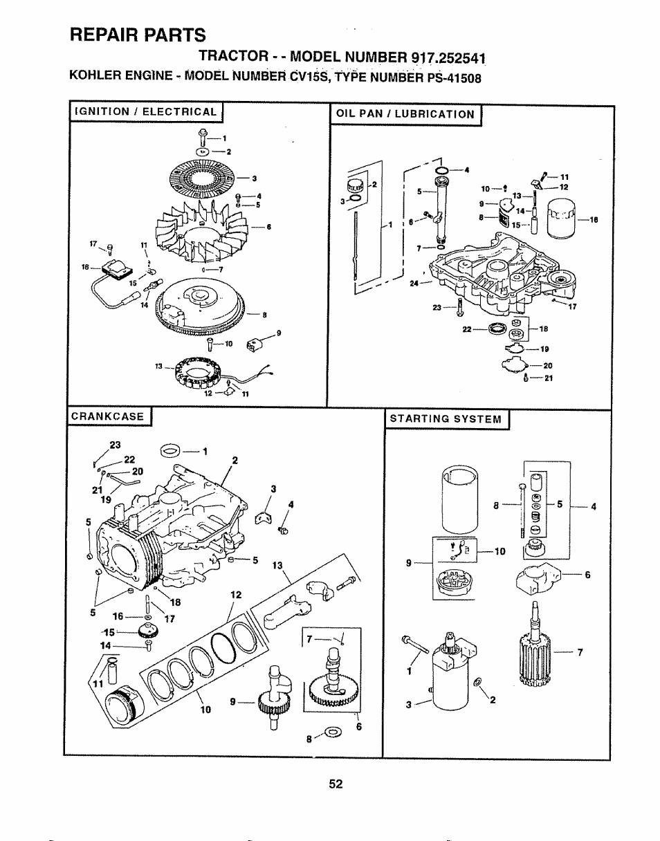 Repair parts | Sears 917.252541 User Manual | Page 52 / 56