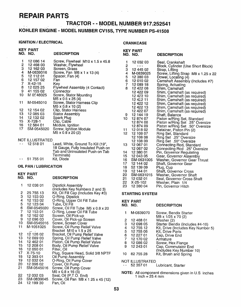 Tractor--model number 917.252541, Ignition / electrical, Key part no. no | Oil pan / lubrication, Description, Crankcase, Repair parts | Sears 917.252541 User Manual | Page 53 / 56