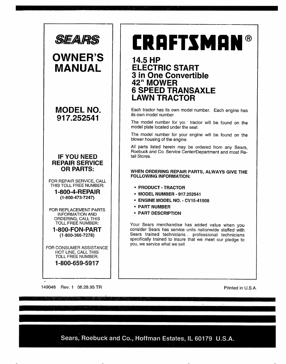 Beam, Owner’s, Manual | 5 hp | Sears 917.252541 User Manual | Page 56 / 56