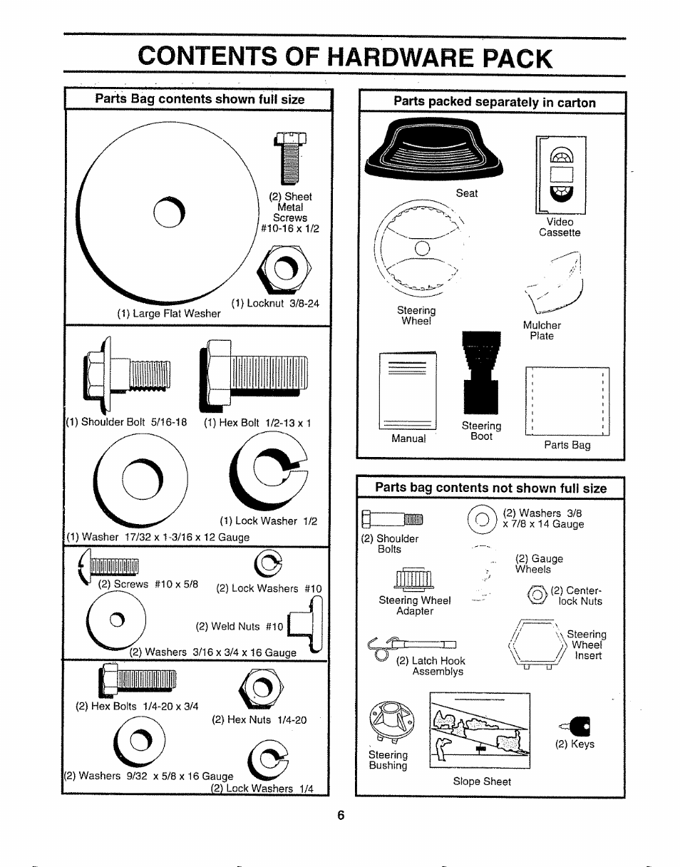 Parts bag contents shown full size, Parts packed separately in carton, Contents of hardware pack | Sears 917.252541 User Manual | Page 6 / 56