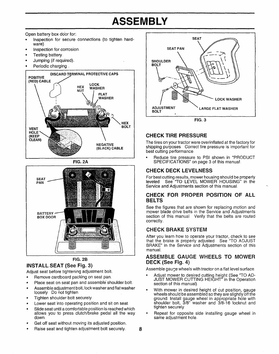 Install seat (see fig. 3), Check tire pressure, Check deck levelness | Check for proper position of all belts, Check brake system, Assemble gauge wheels to mower deck (see fig. 4), Assembly | Sears 917.252541 User Manual | Page 8 / 56