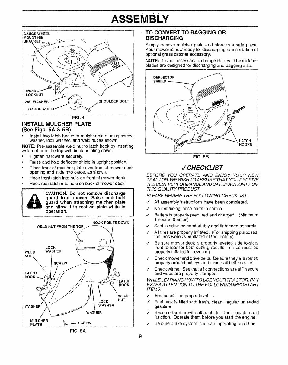 See figs. 5a & 5b), To convert to bagging or discharging, Assembly | Checklist | Sears 917.252541 User Manual | Page 9 / 56