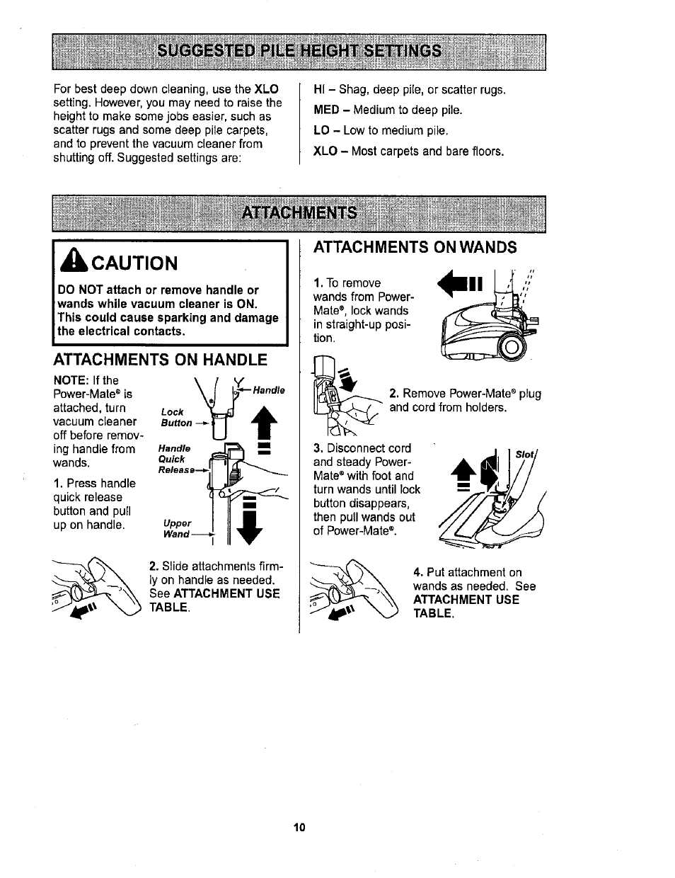 Suggested pile height settings, Attachments, Attachments on handle | Attachments on wands, Caution | Sears 116.26212 User Manual | Page 10 / 36
