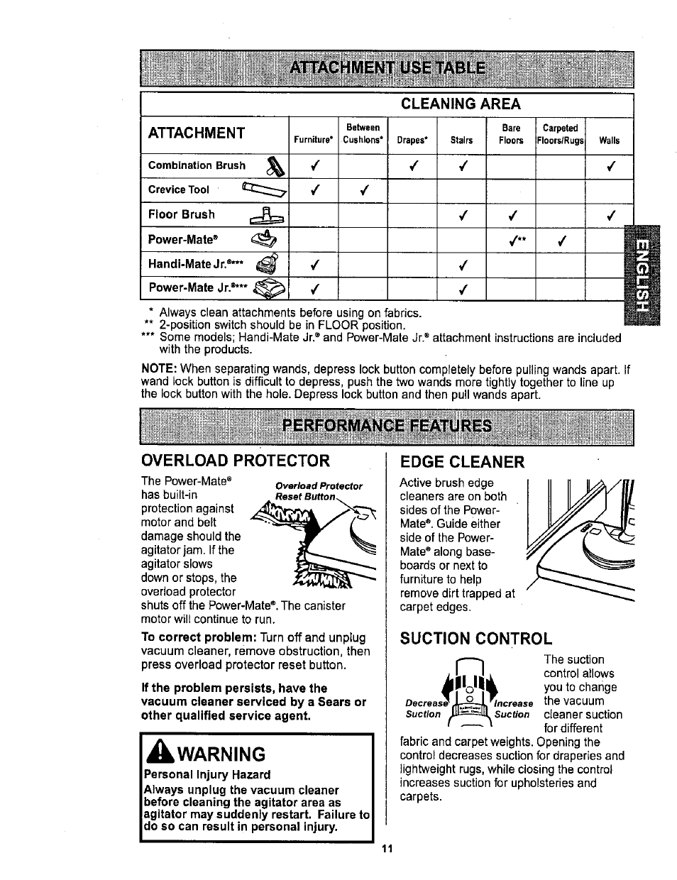 Attachment use table, Performance features, Overload protector | Edge cleaner, Suction control, Performance features -12, A warning, Performance features overload protector | Sears 116.26212 User Manual | Page 11 / 36