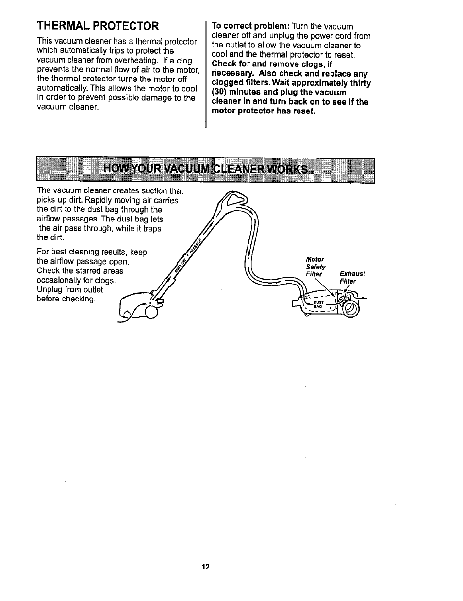 Thermal protector, How yourvacuum cleaner works, How your vacuum cleaner works | Sears 116.26212 User Manual | Page 12 / 36