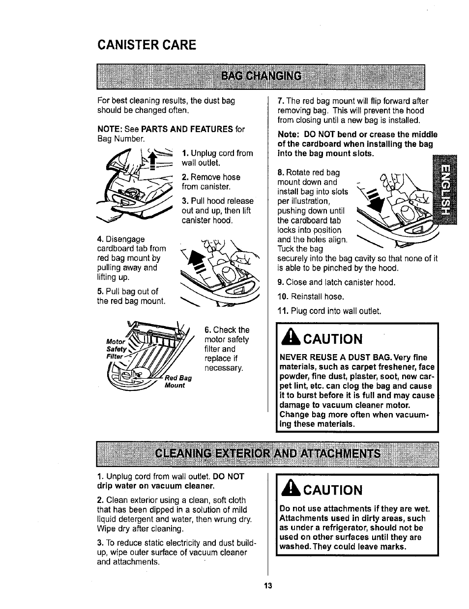 Canister care, Bag changing, A caution | Cleaning exterior and attachments, Caution | Sears 116.26212 User Manual | Page 13 / 36