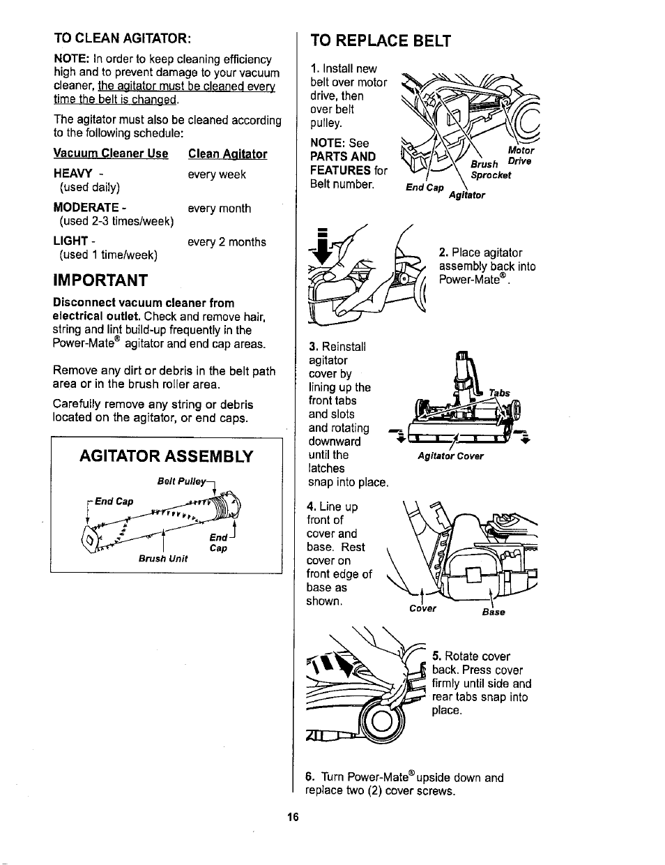 Important, To replace belt | Sears 116.26212 User Manual | Page 16 / 36