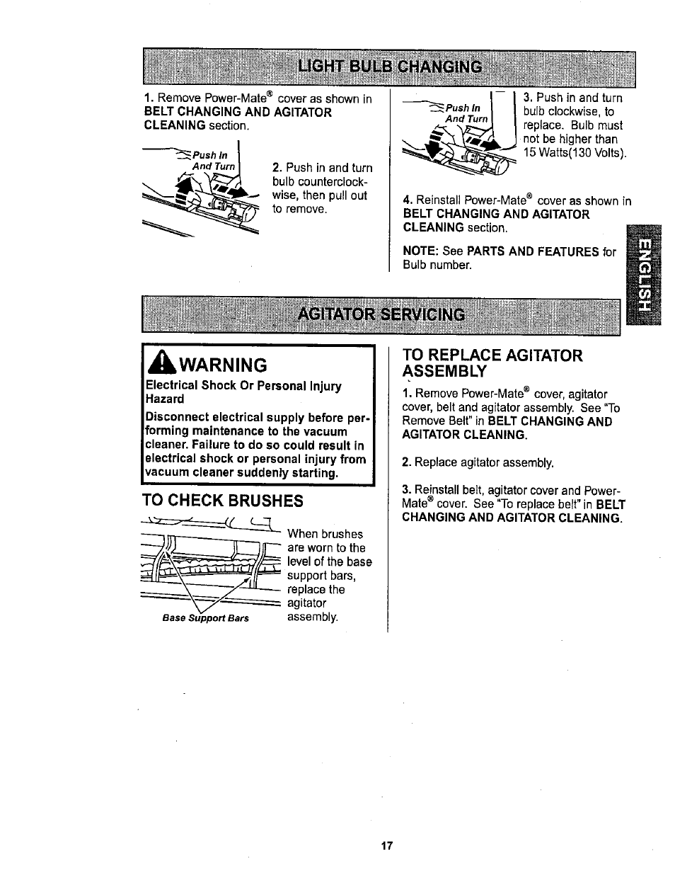 Light bulb changing, To check brushes, To replace agitator assembly | Warning, Agitator servicing | Sears 116.26212 User Manual | Page 17 / 36