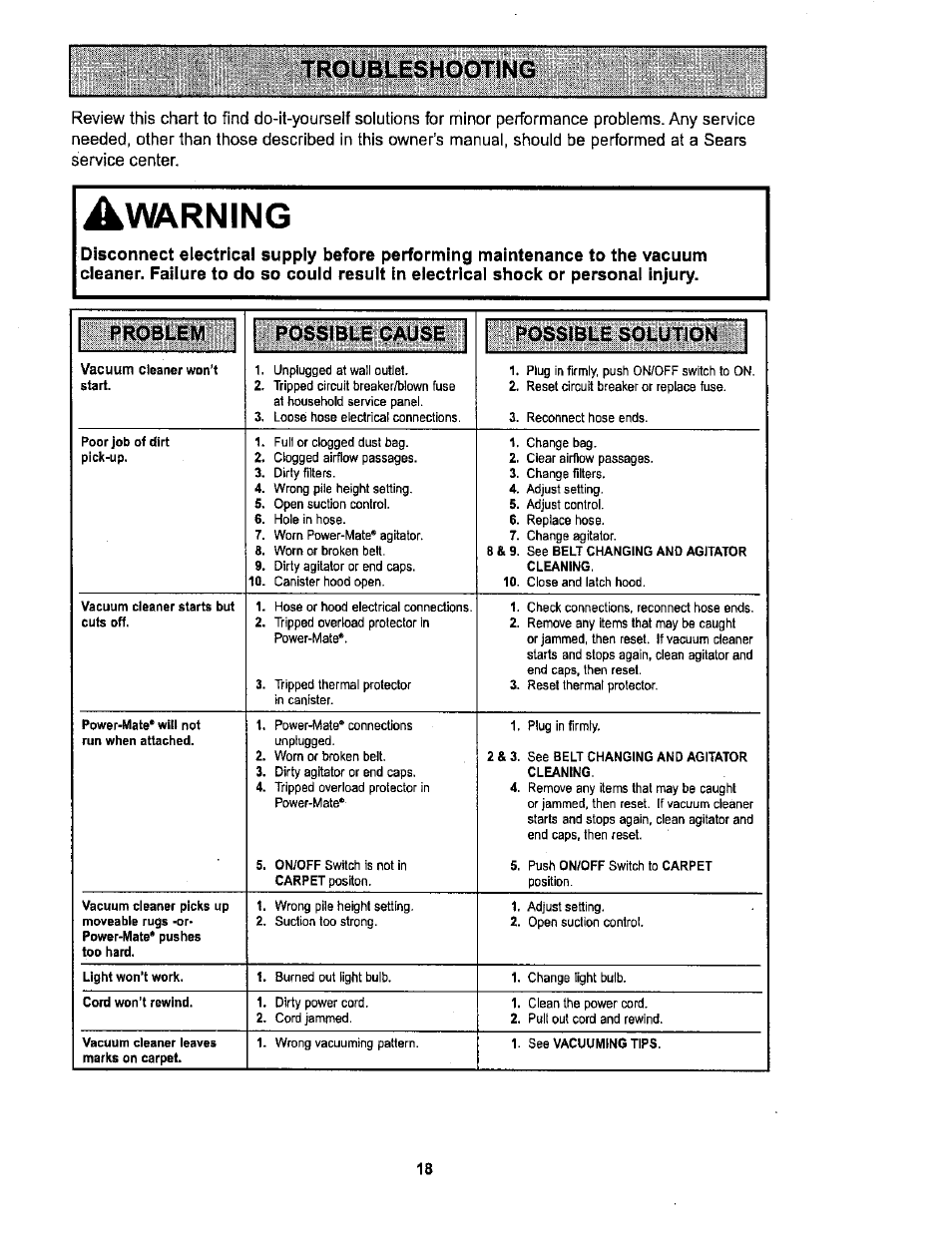 Warning, Probtem possible cause possible solution | Sears 116.26212 User Manual | Page 18 / 36