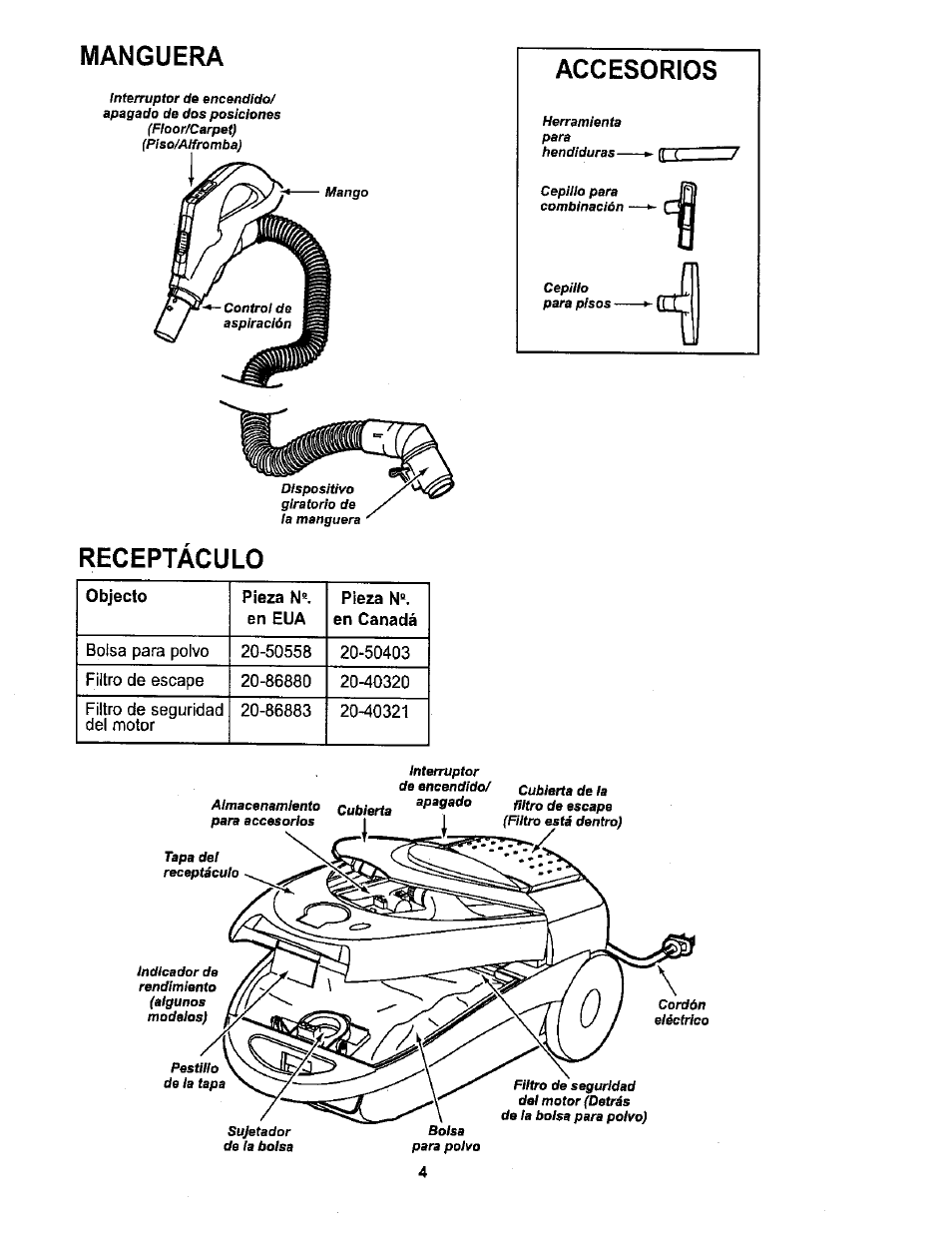 Manguera, Accesorios, Receptáculo | Sears 116.26212 User Manual | Page 22 / 36