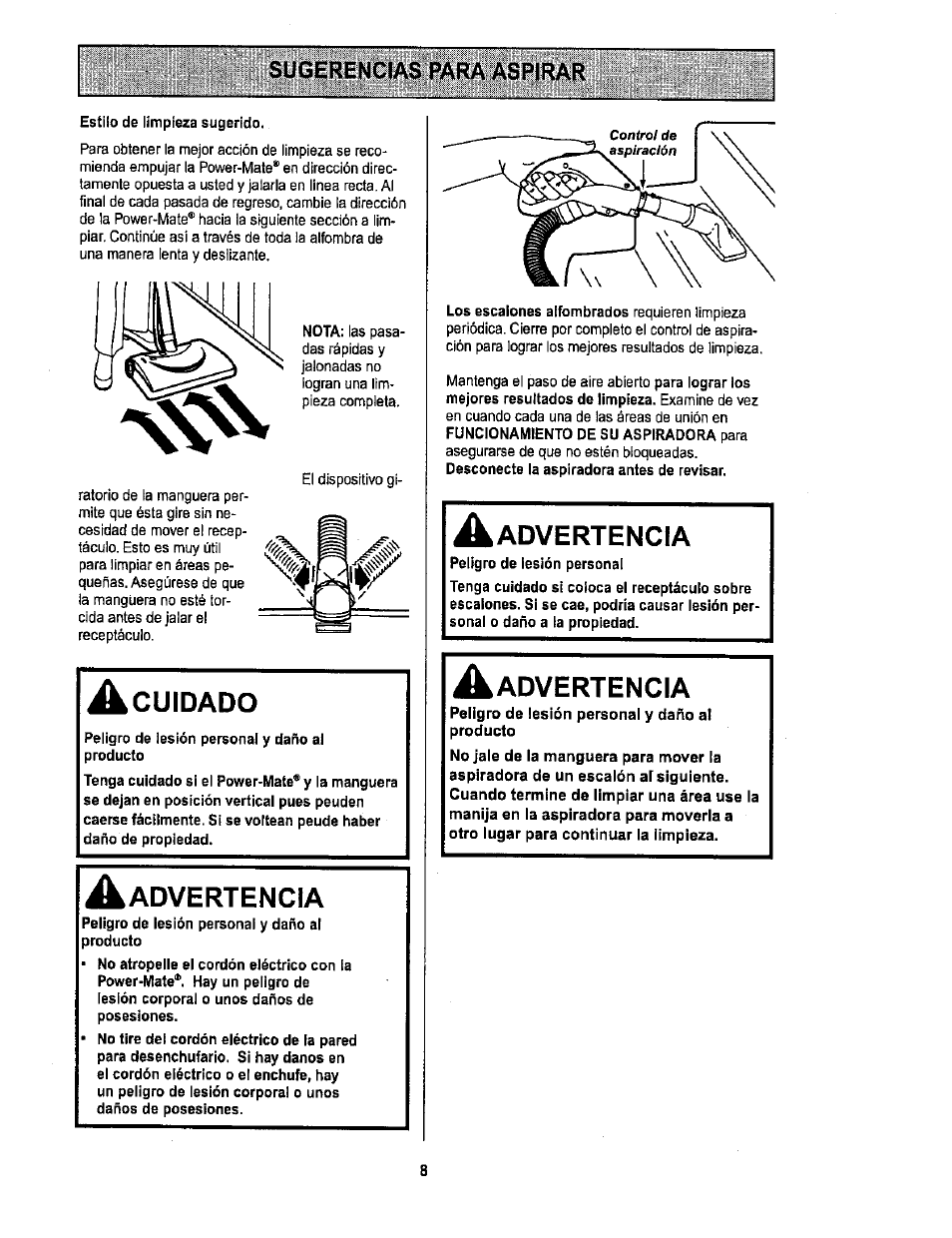 Sugerencias para aspirar, A cuidado | Sears 116.26212 User Manual | Page 26 / 36