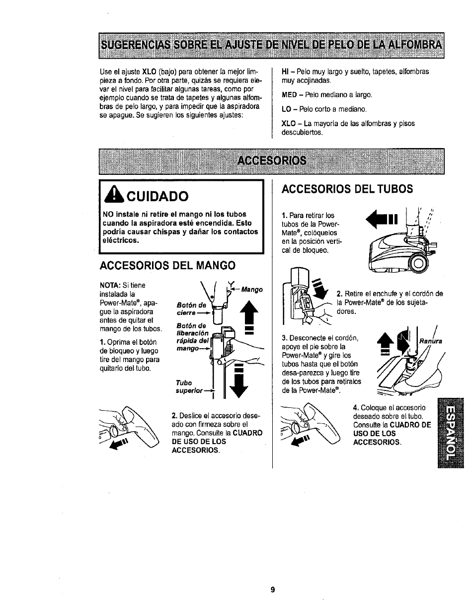 Accesorios, A cuidado, Accesorios del mango | Accesorios del tubos | Sears 116.26212 User Manual | Page 27 / 36