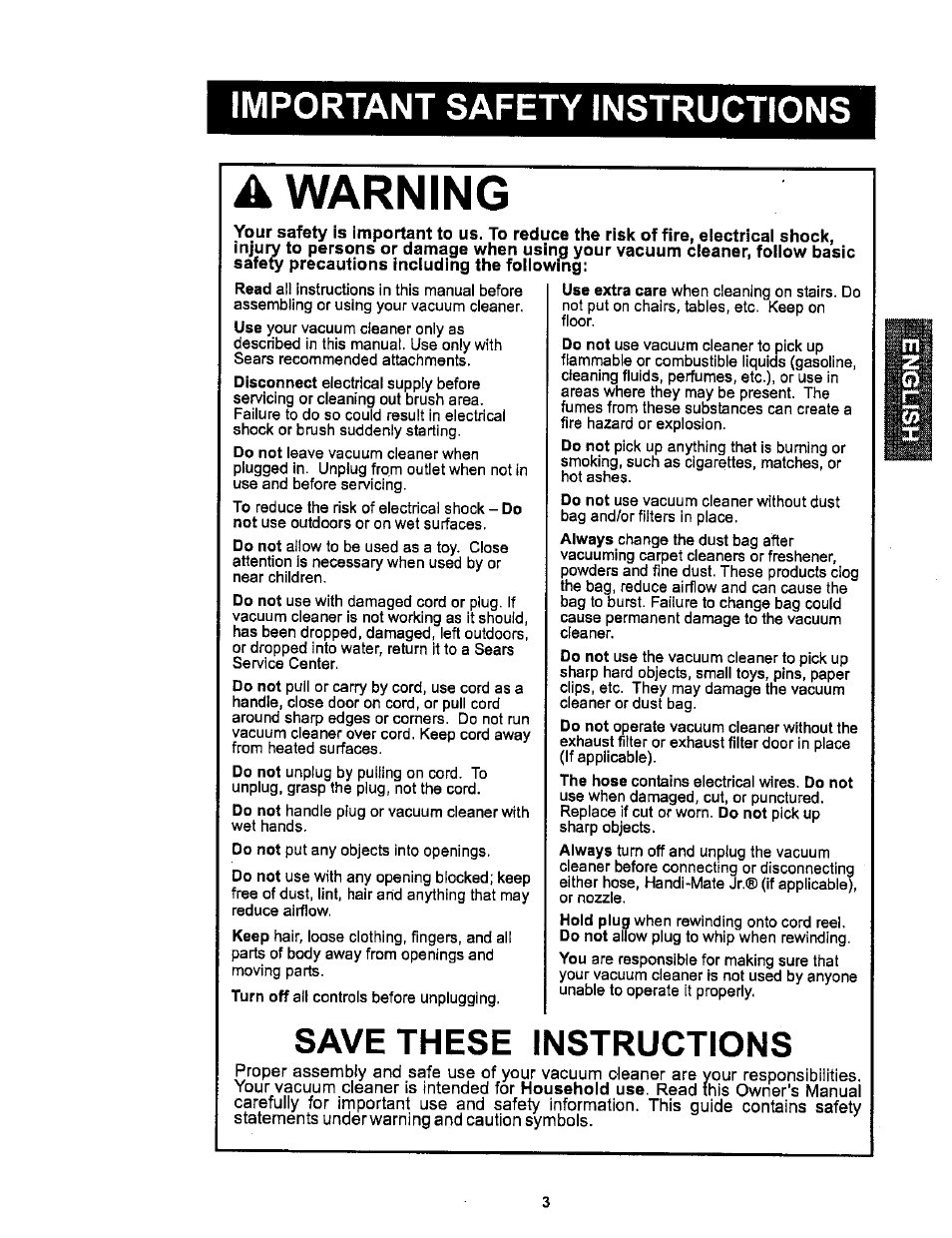 A warning, Important safety instructions, Save these instructions | Sears 116.26212 User Manual | Page 3 / 36