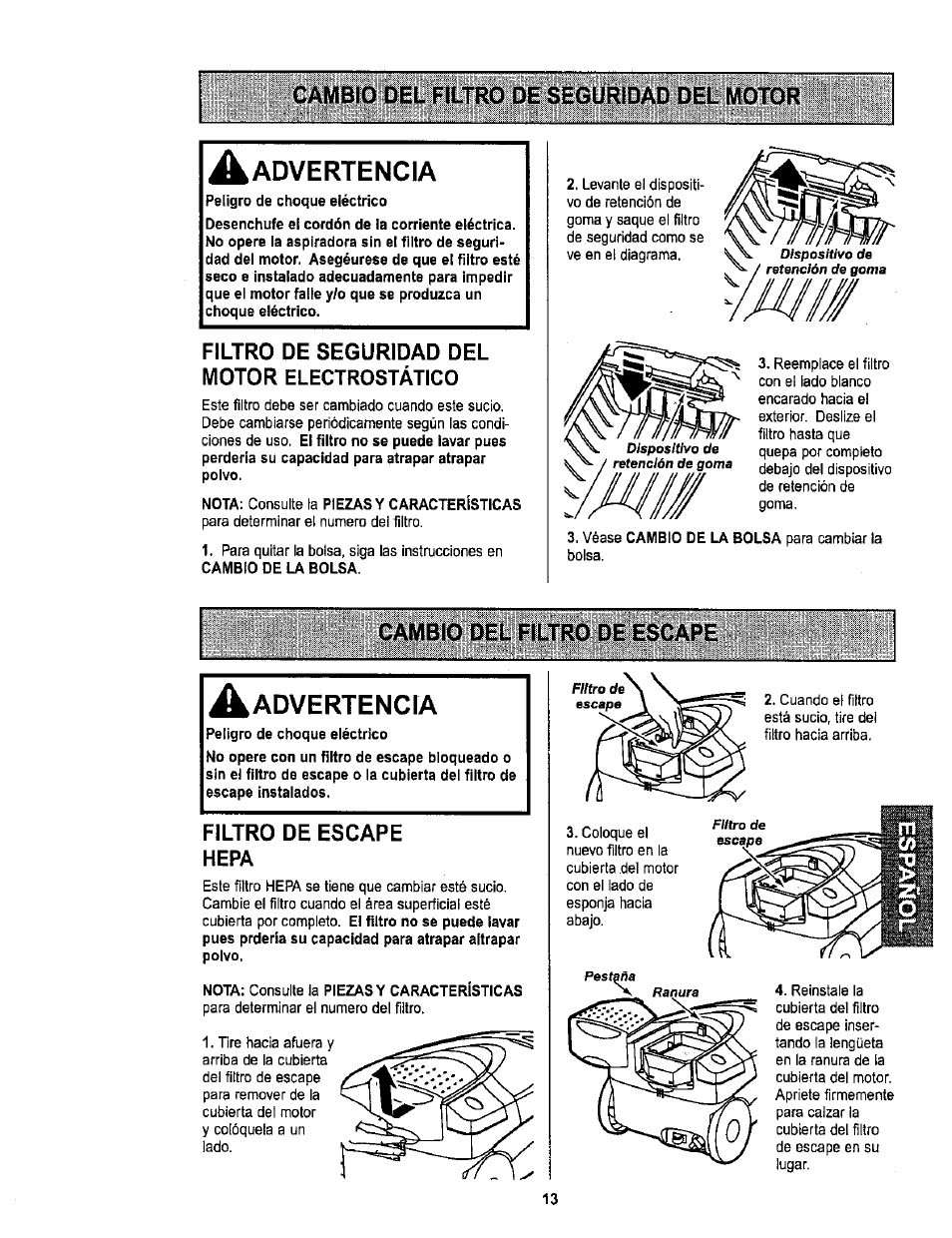 Filtro de seguridad del motor electrostático, Cambio del filtro de escape, Advertencia | Filtro de escape hepa | Sears 116.26212 User Manual | Page 31 / 36