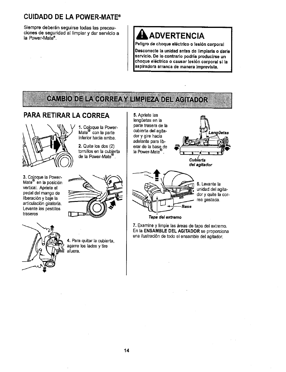 Cambio de la correa y limpieza del agitador, Para retirar la correa, Cuidado de la power-mate | Advertencia | Sears 116.26212 User Manual | Page 32 / 36